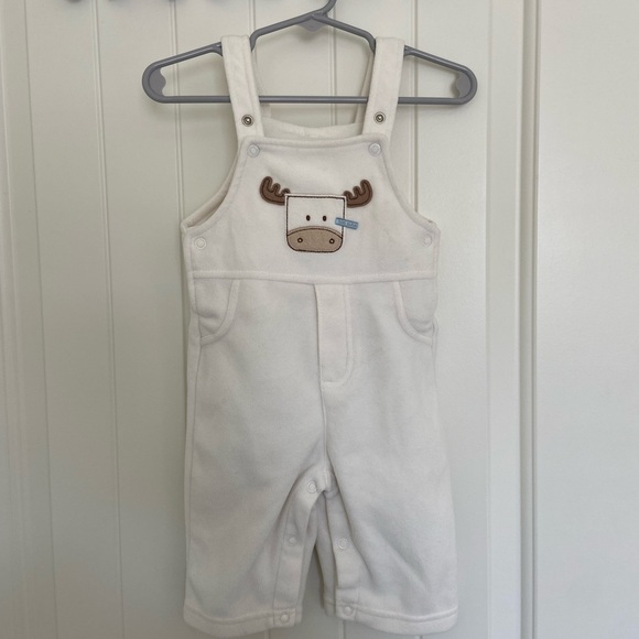 EUC | Carter’s baby unisex fleece cow patch white cream overalls 6‎ months - Picture 1 of 7